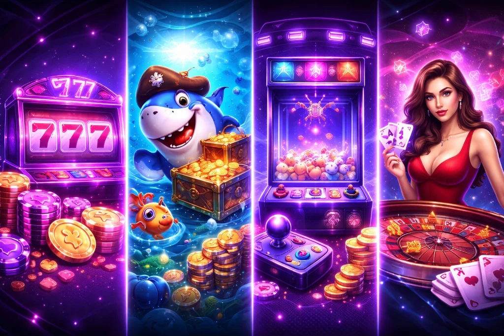 Four vertical panels comparing PHDream game categories — neon slots with 777, underwater fish hunter with shark and treasure, arcade claw machine with joystick, and live dealer with roulette and cards for players in the Philippines