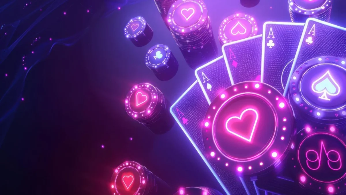 PHDream new player bonuses — neon na casino scene na may kumikinang na poker chips, Ace cards, at pink at purple na ilaw para sa mga online casino player sa Pilipinas