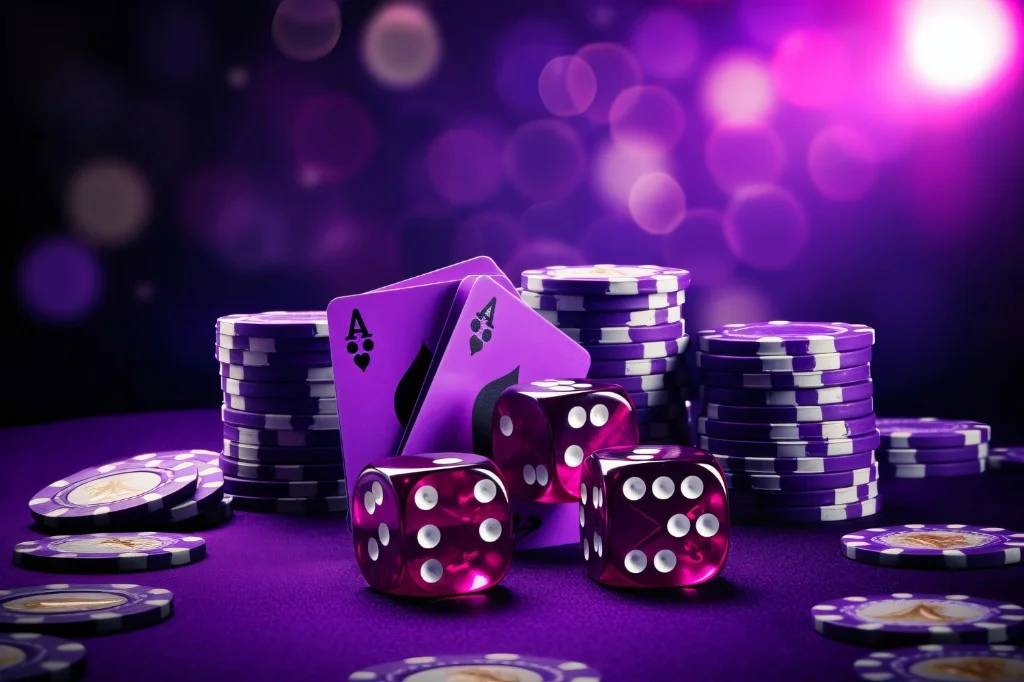Mga Ace, dice, at poker chips sa purple na felt na mesa na may bokeh — suwerte, baraha, at laro sa arcade card ng PHDream